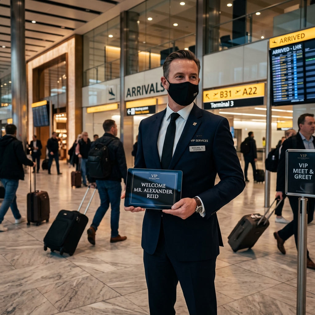 Lüks Transfer Hijyen Kuralları ve Go Vip Transfer standartlarında havalimanında isim yazılı dijital tablet ile VIP karşılama hizmeti