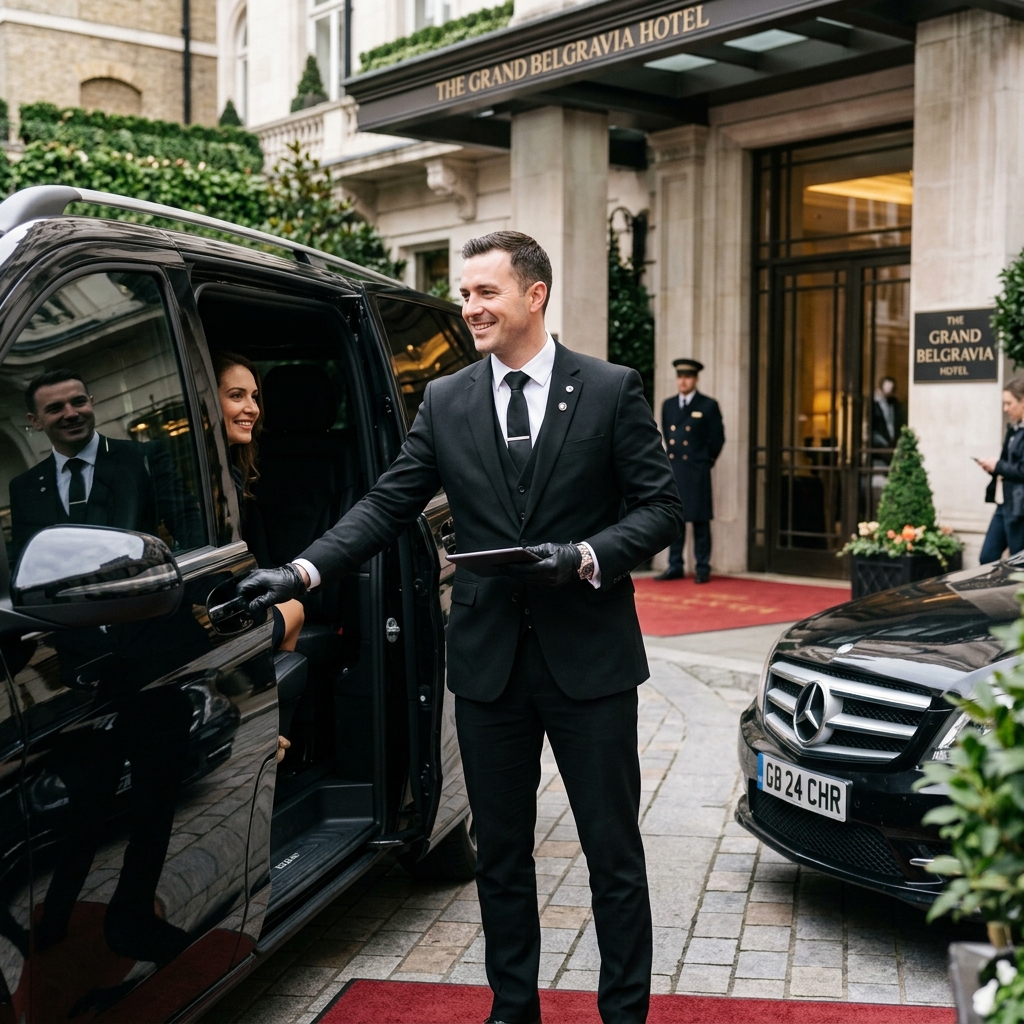 VIP Karşılama Protokolü uygulayan takım elbiseli profesyonel SRC belgeli makam şoförü ve Go Vip Transfer lüks aracı